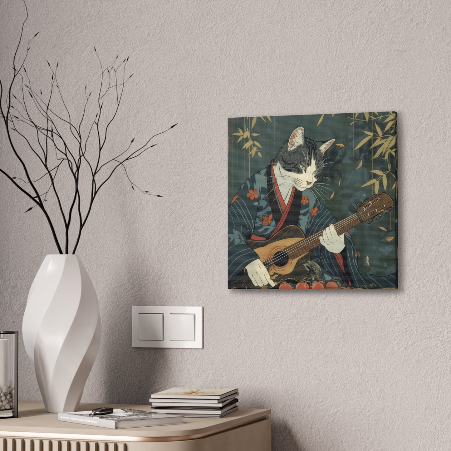 Japanese Kitty Guitarist - Canvas Stretched, 0.75" - Canvas Stretched, 0.75"