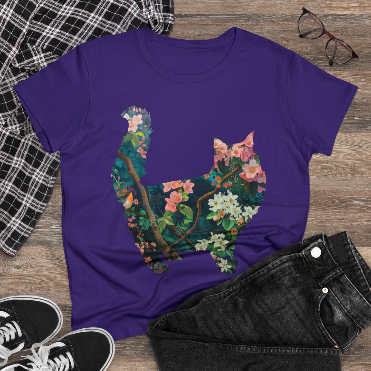 Flowery Cat - Women's Midweight Cotton Tee