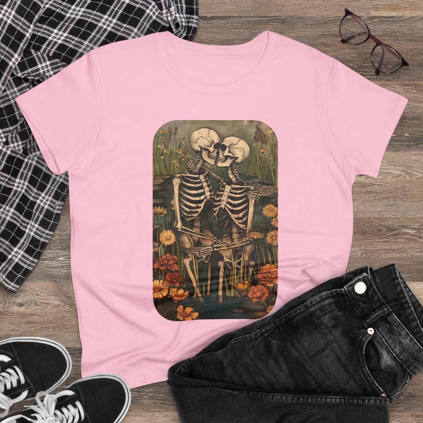 Skeleton Embrace - Flowers - Women's Midweight Cotton Tee