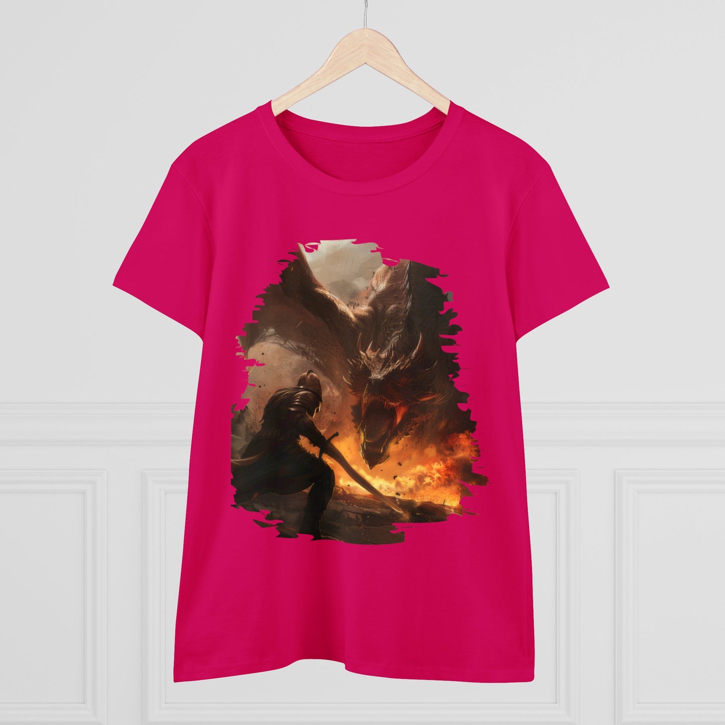 Fighter and Dragon - Fantasy - Women's Midweight Cotton Tee