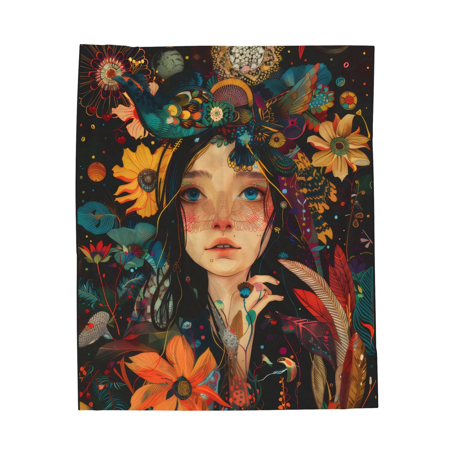 Girl With Flowers - Velveteen Plush Blanket