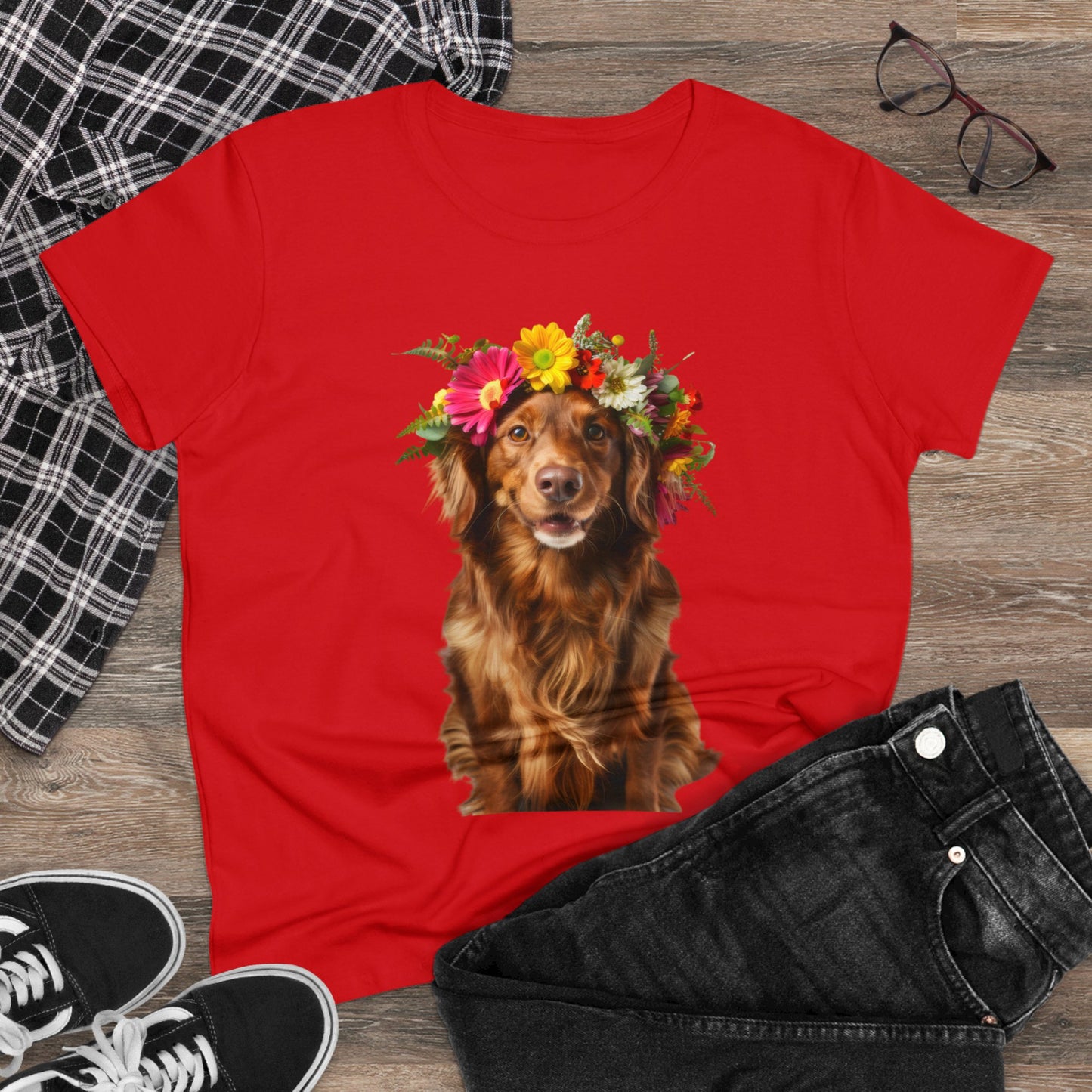 Dog's Flower Crown - Women's Midweight Cotton Tee