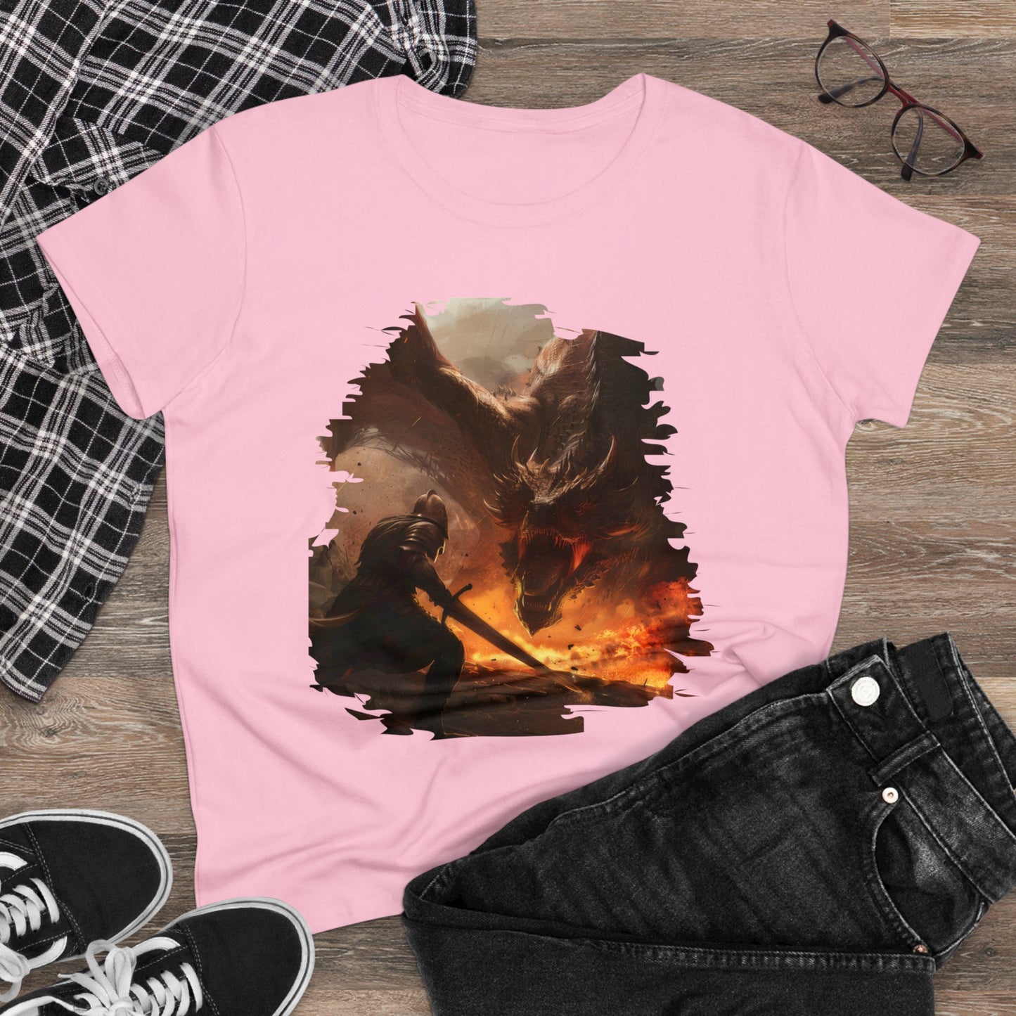 Fighter and Dragon - Fantasy - Women's Midweight Cotton Tee