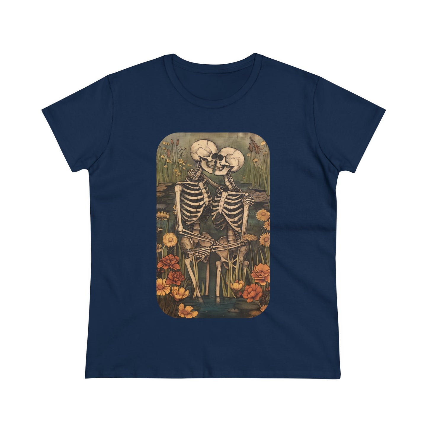 Skeleton Embrace - Flowers - Women's Midweight Cotton Tee