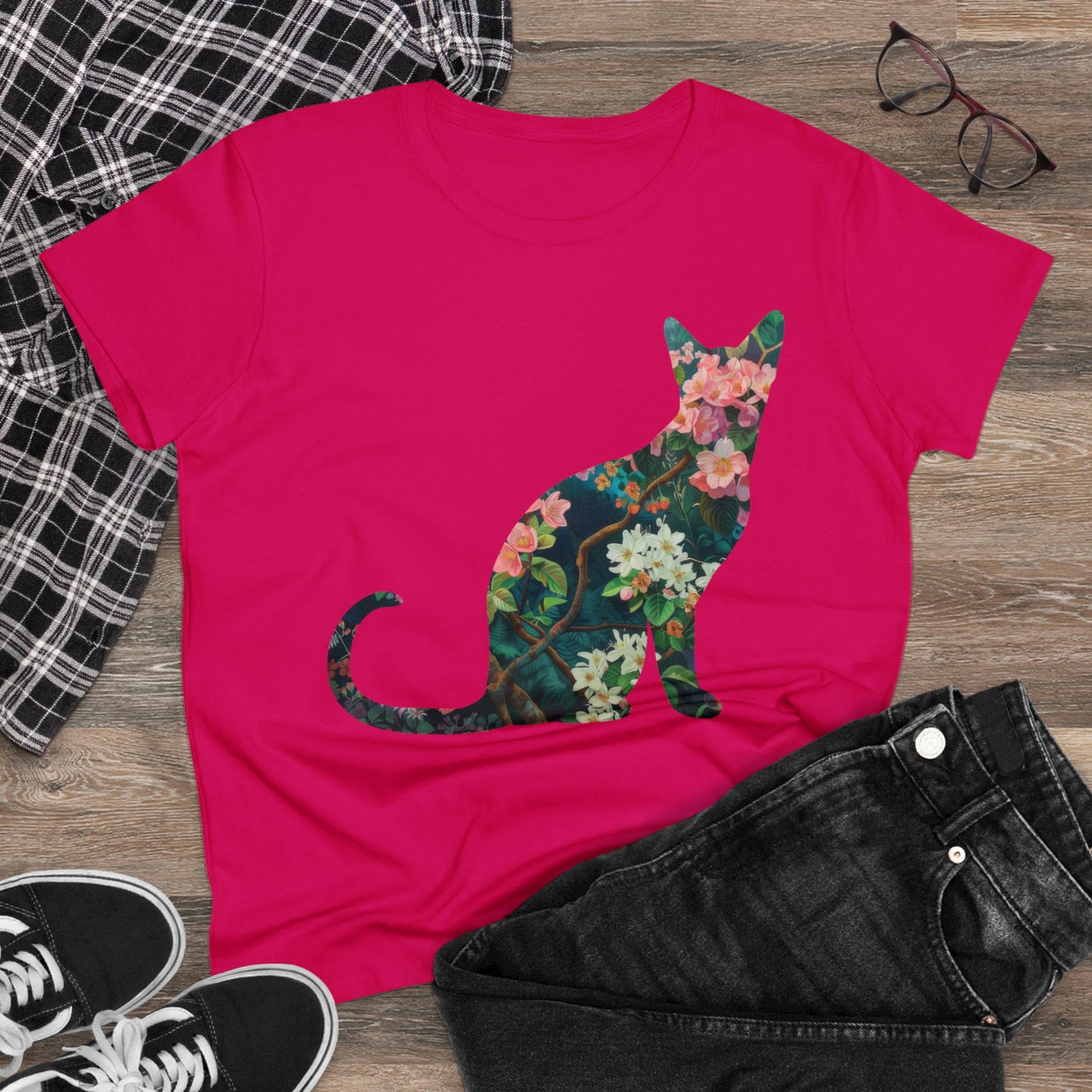 Flowery Cat - Women's Midweight Cotton Tee