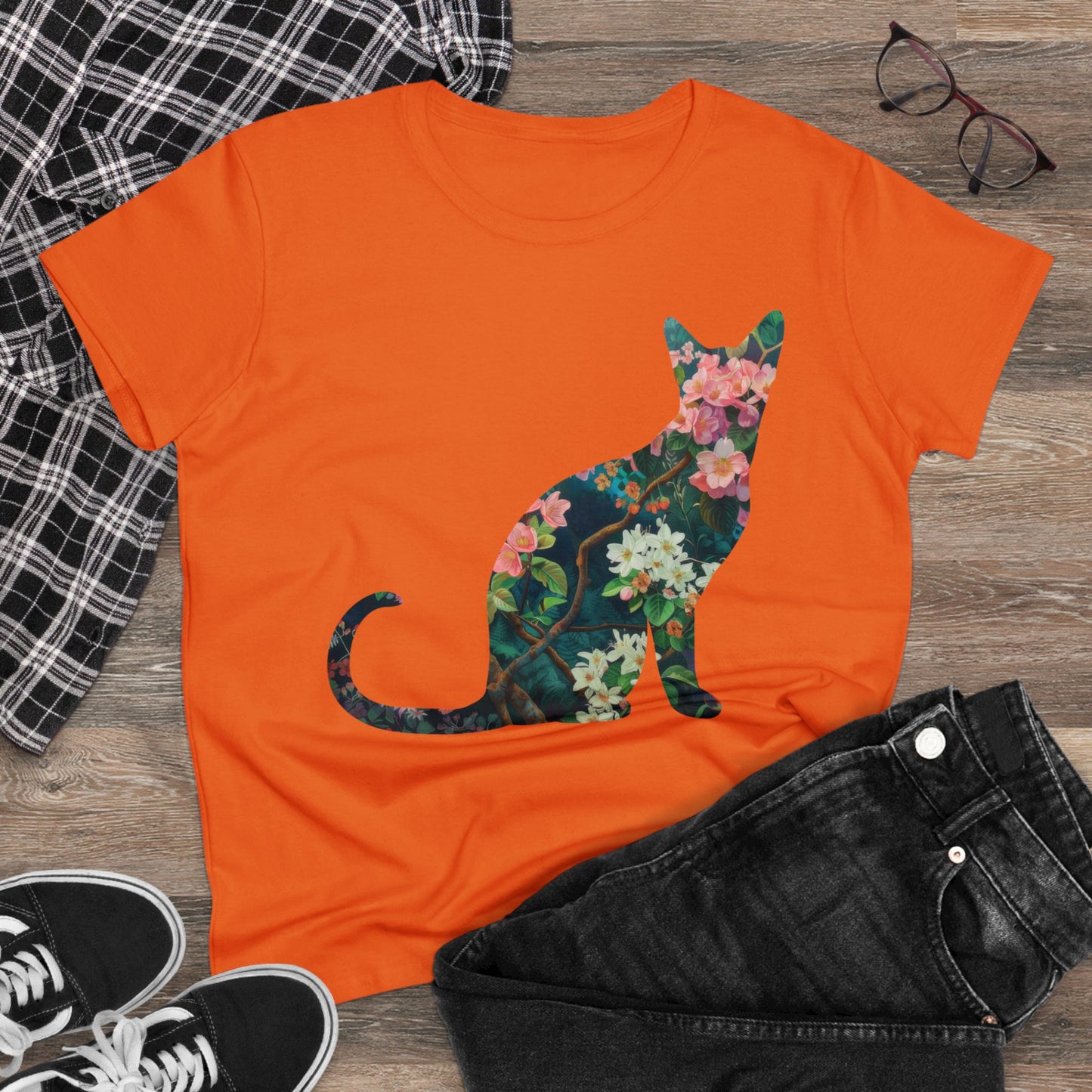 Flowery Cat - Women's Midweight Cotton Tee