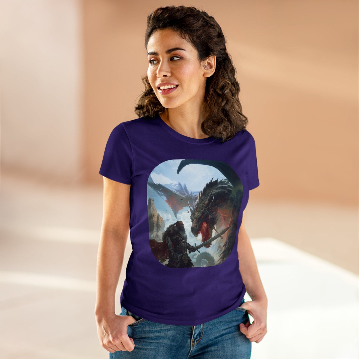 Fighter and Dragon - Fantasy - Women's Midweight Cotton Tee