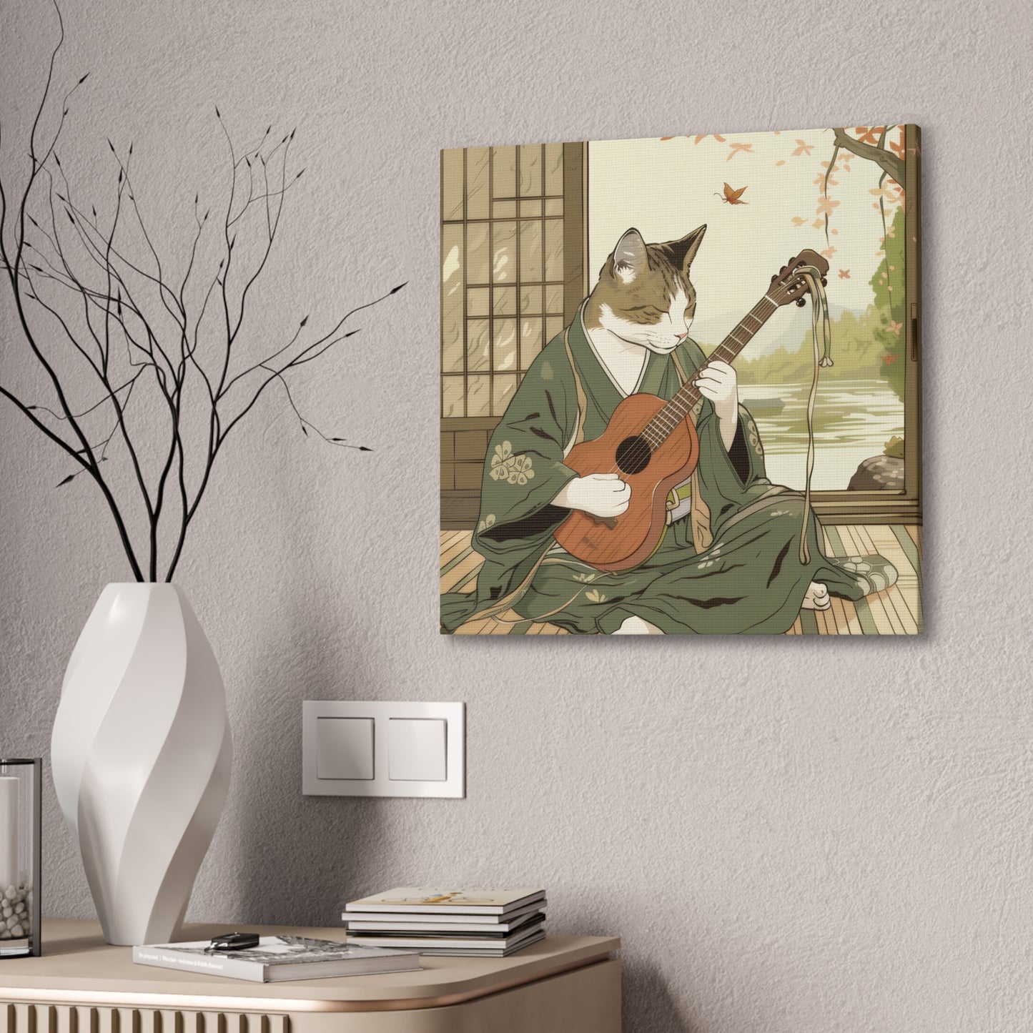 Japanese Kitty Guitarist - Canvas Stretched, 0.75" - Canvas Stretched, 0.75"