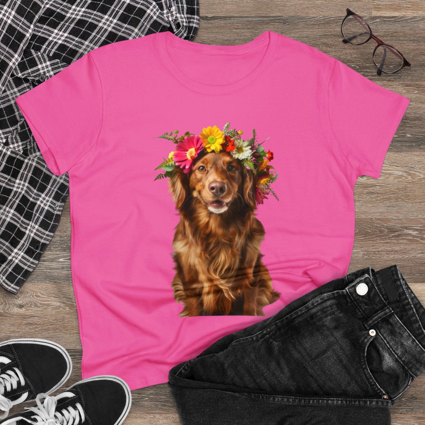 Dog's Flower Crown - Women's Midweight Cotton Tee