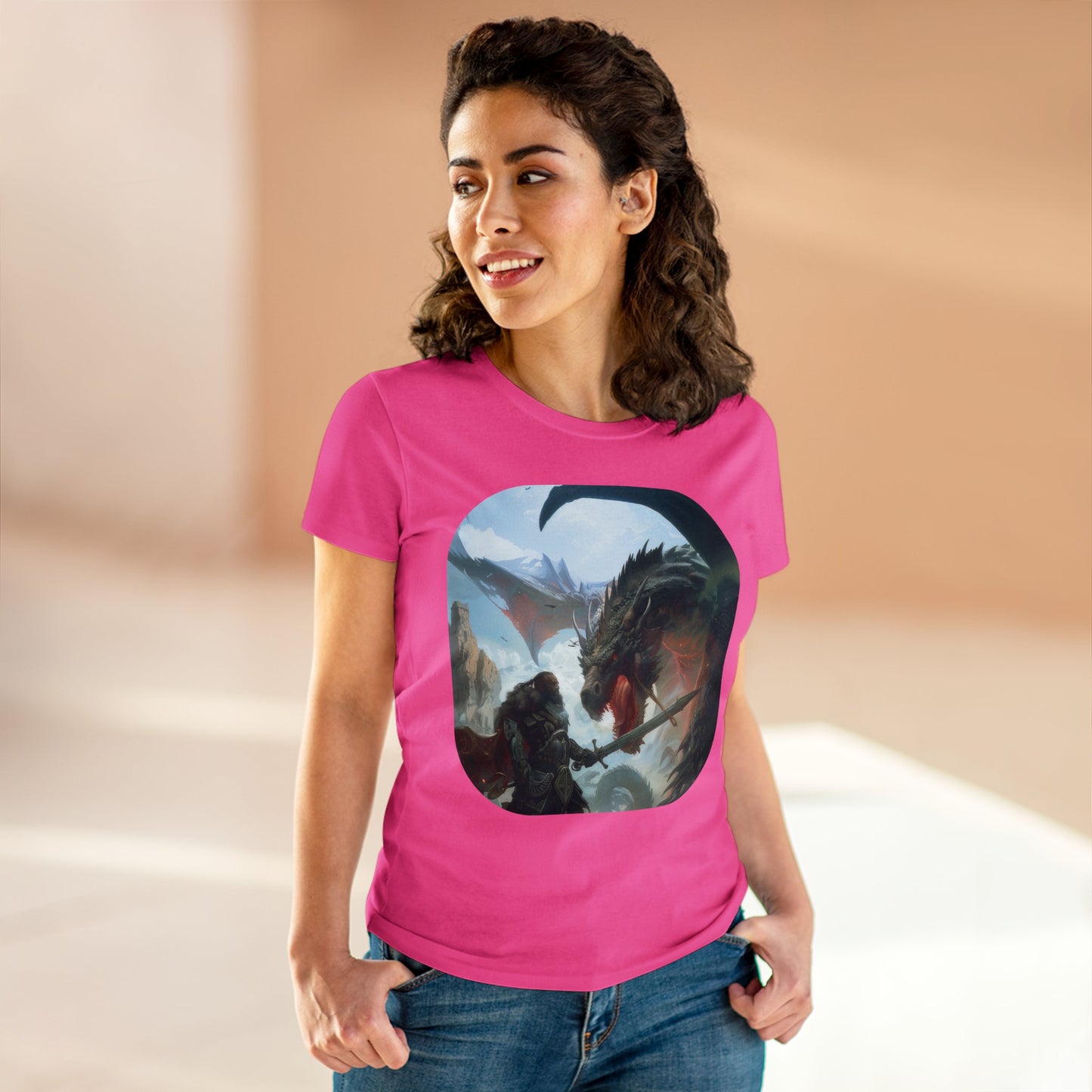 Fighter and Dragon - Fantasy - Women's Midweight Cotton Tee