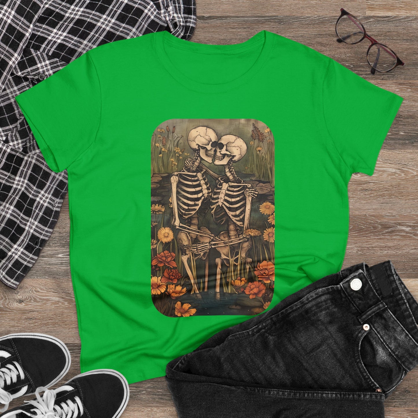 Skeleton Embrace - Flowers - Women's Midweight Cotton Tee