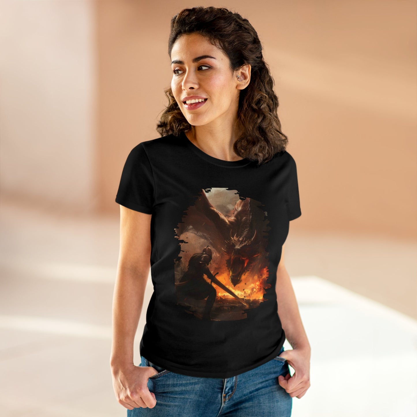 Fighter and Dragon - Fantasy - Women's Midweight Cotton Tee