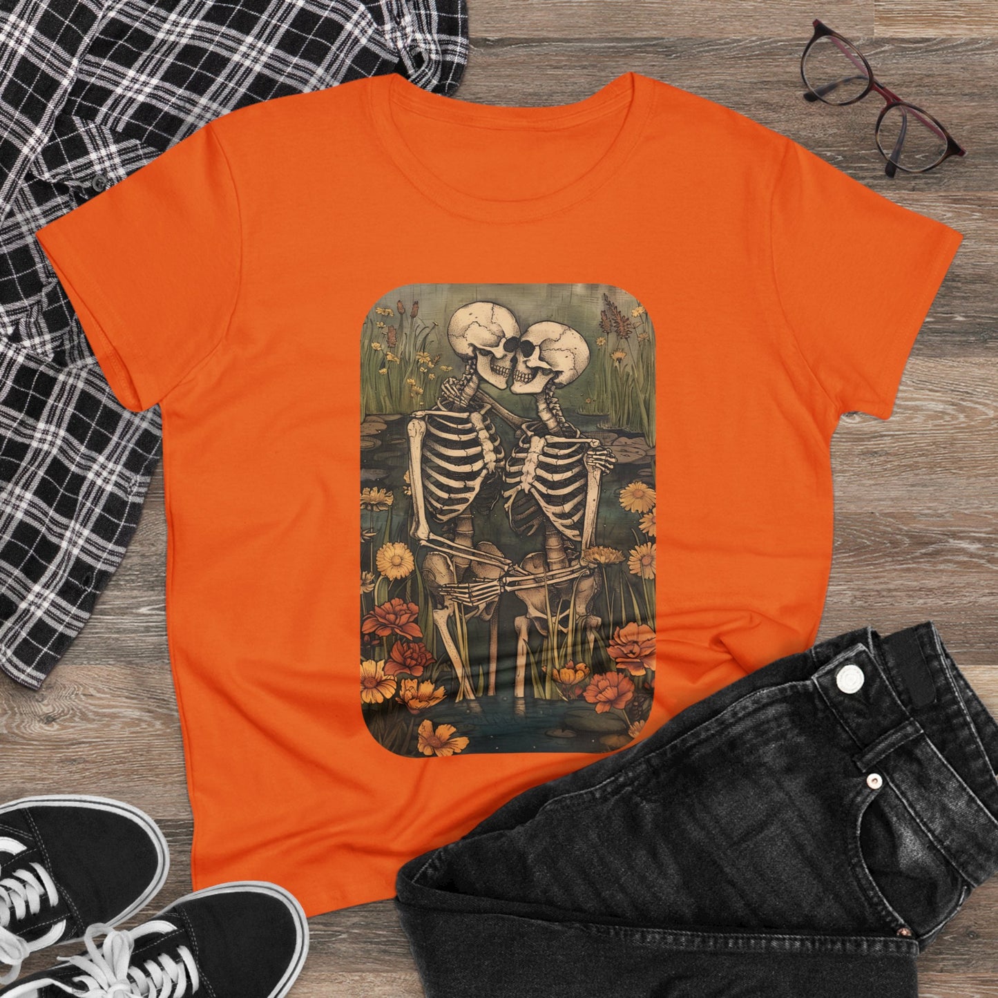 Skeleton Embrace - Flowers - Women's Midweight Cotton Tee