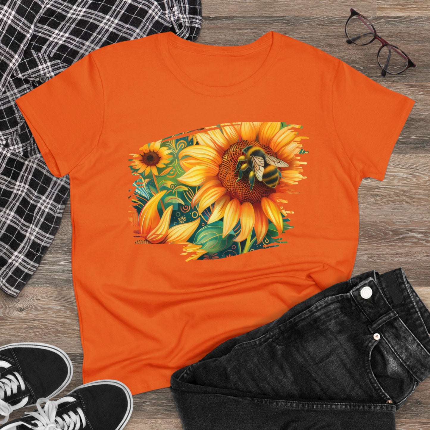 Sunflowers and Bee - Women's Midweight Cotton Tee