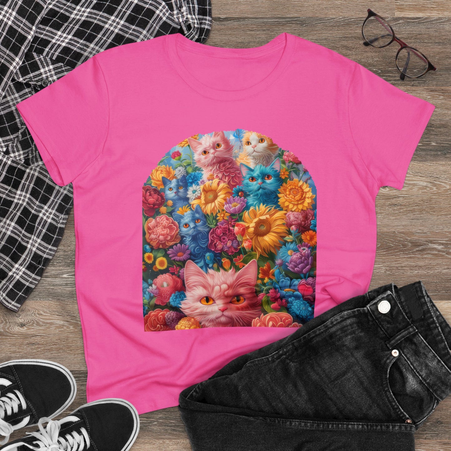 Cats and Flowers - Women's Midweight Cotton Tee