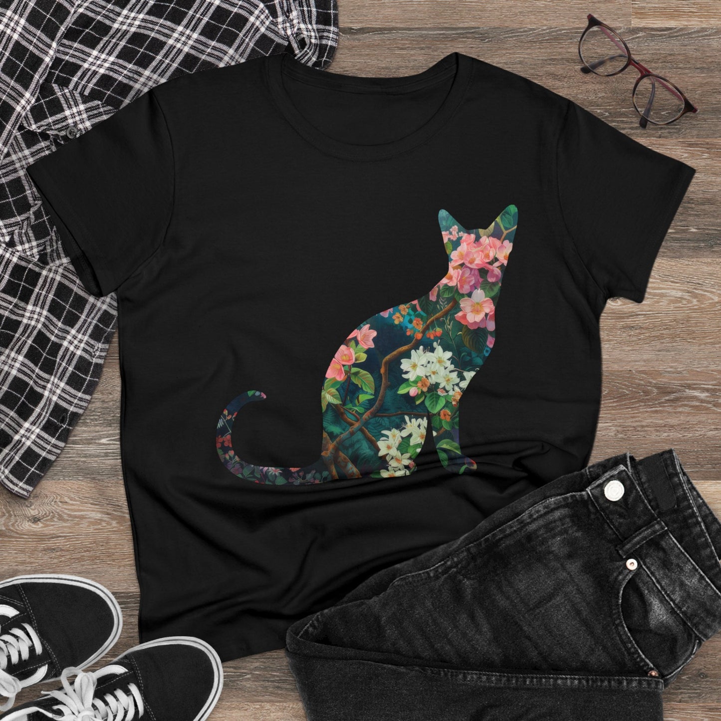 Flowery Cat - Women's Midweight Cotton Tee