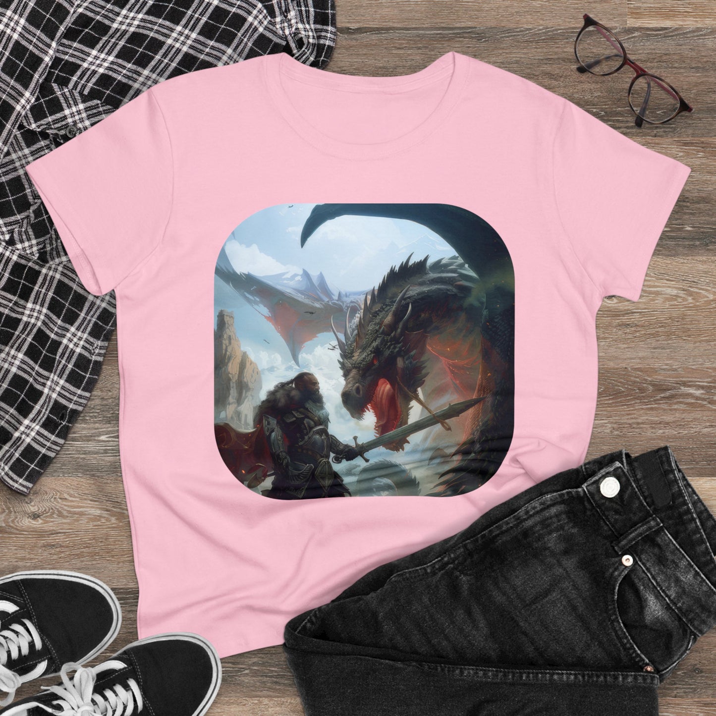 Fighter and Dragon - Fantasy - Women's Midweight Cotton Tee