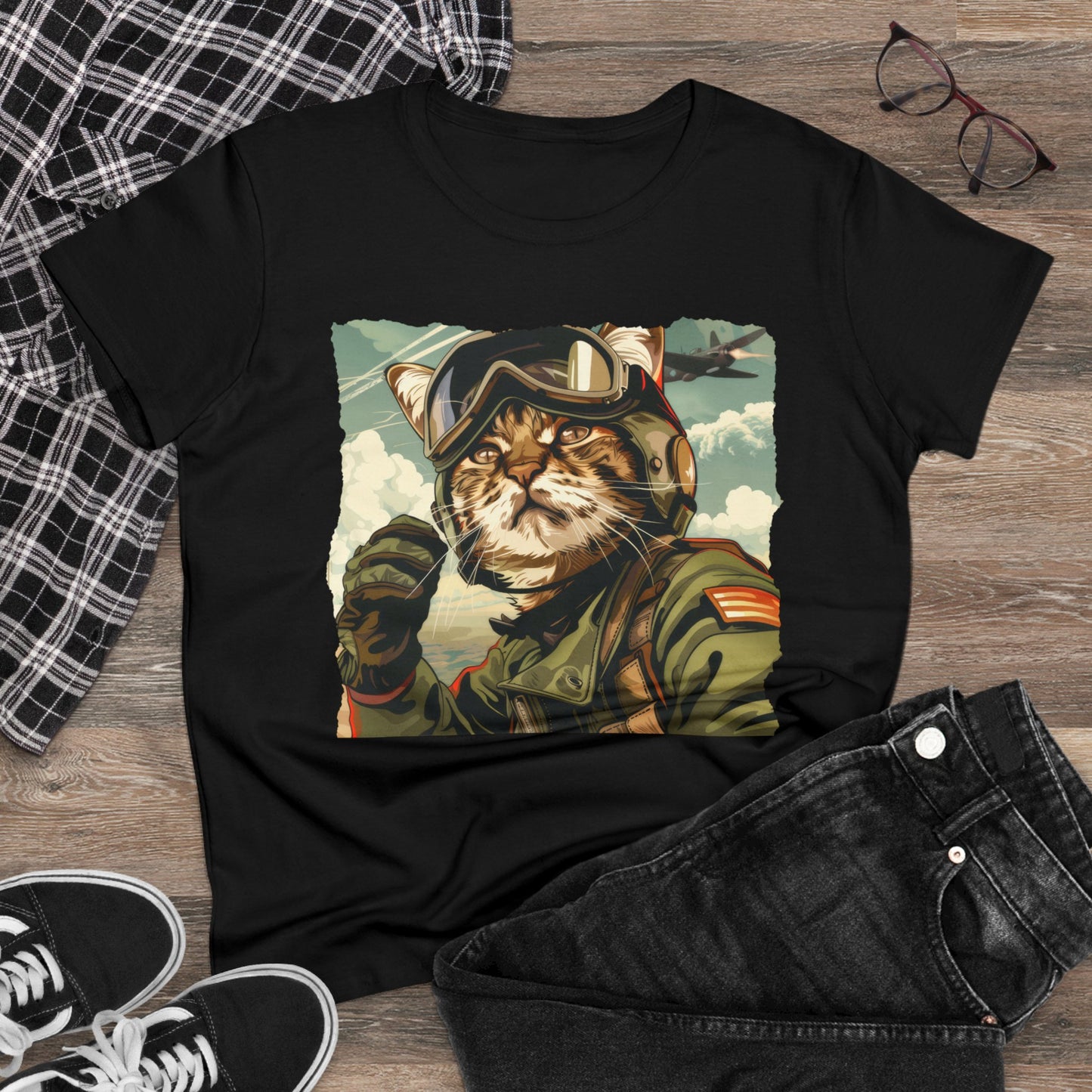 Kitty Fighter Pilot - Women's Midweight Cotton Tee