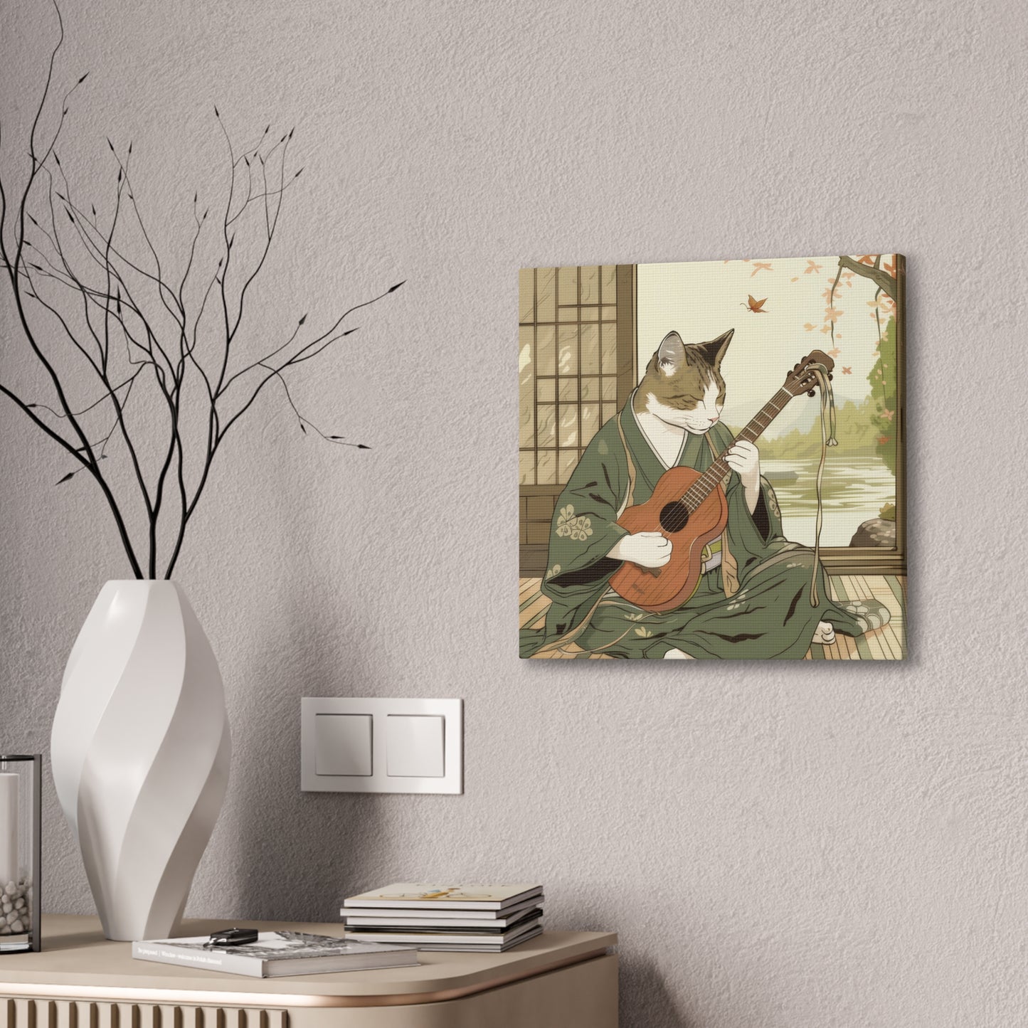 Japanese Kitty Guitarist - Canvas Stretched, 0.75" - Canvas Stretched, 0.75"