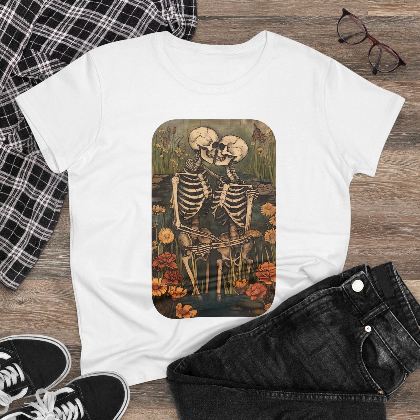 Skeleton Embrace - Flowers - Women's Midweight Cotton Tee