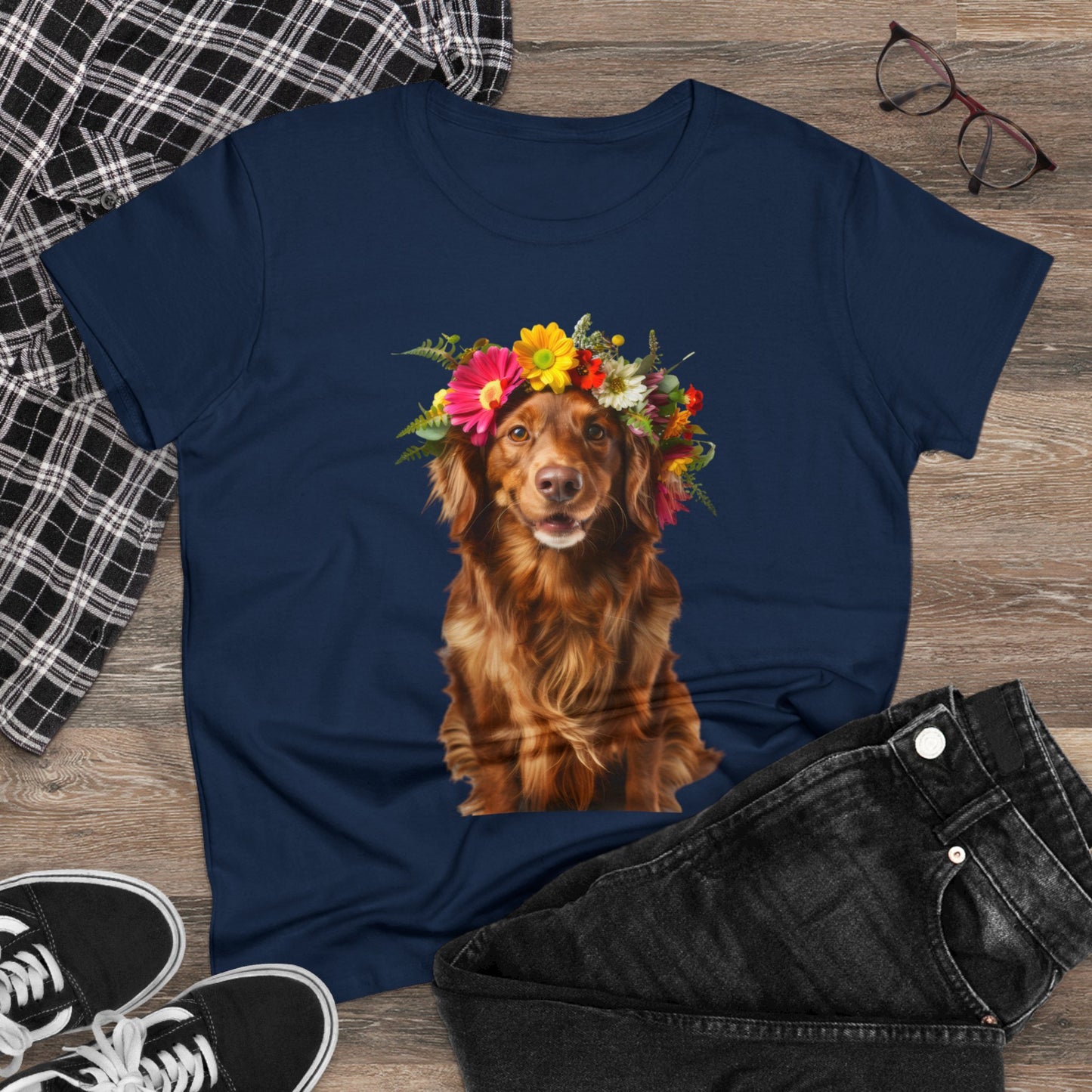 Dog's Flower Crown - Women's Midweight Cotton Tee