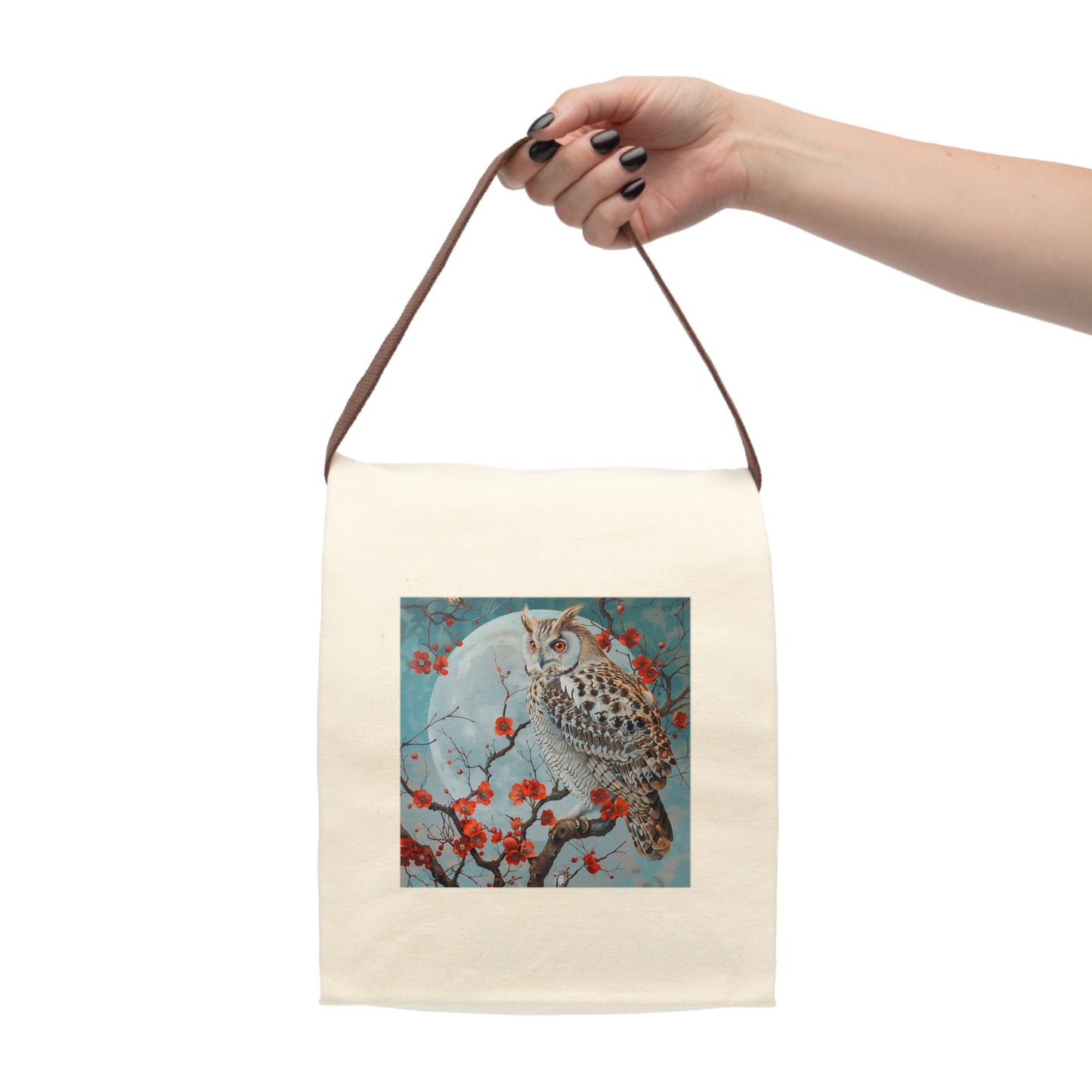 Owl in Japanese Cherry Tree - Canvas Lunch Bag With Strap