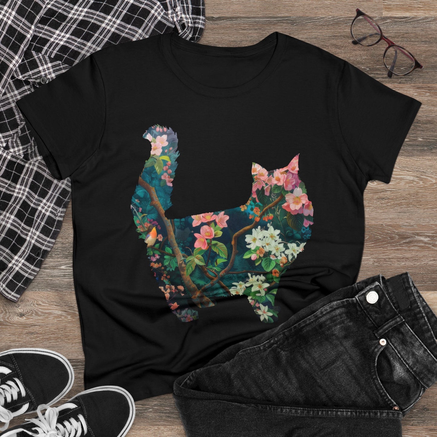 Flowery Cat - Women's Midweight Cotton Tee