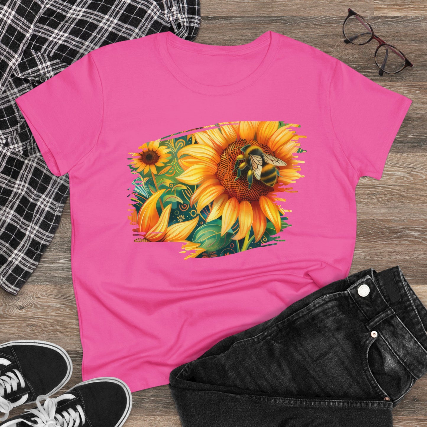 Sunflowers and Bee - Women's Midweight Cotton Tee