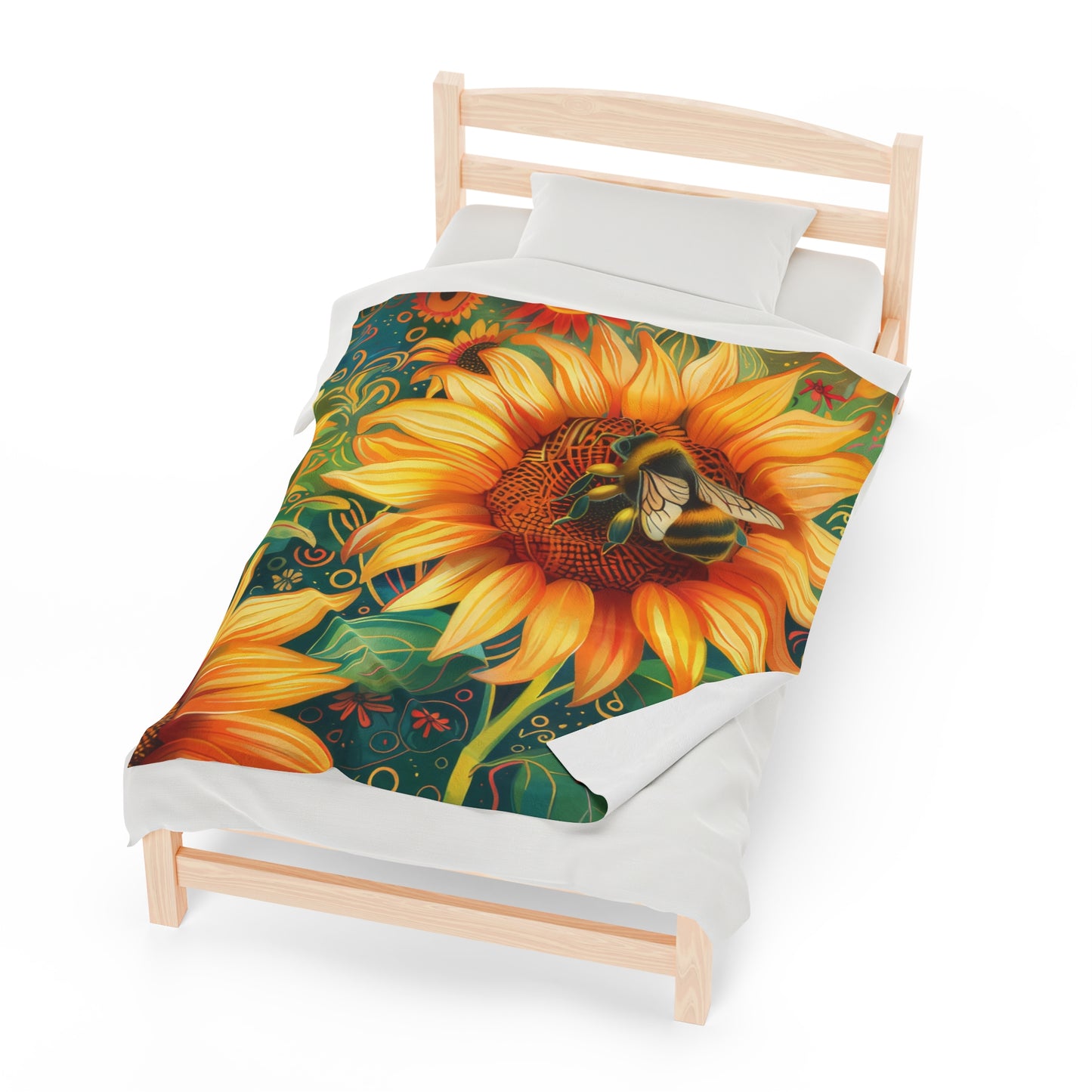 Sunflower and Bee - Velveteen Plush Blanket