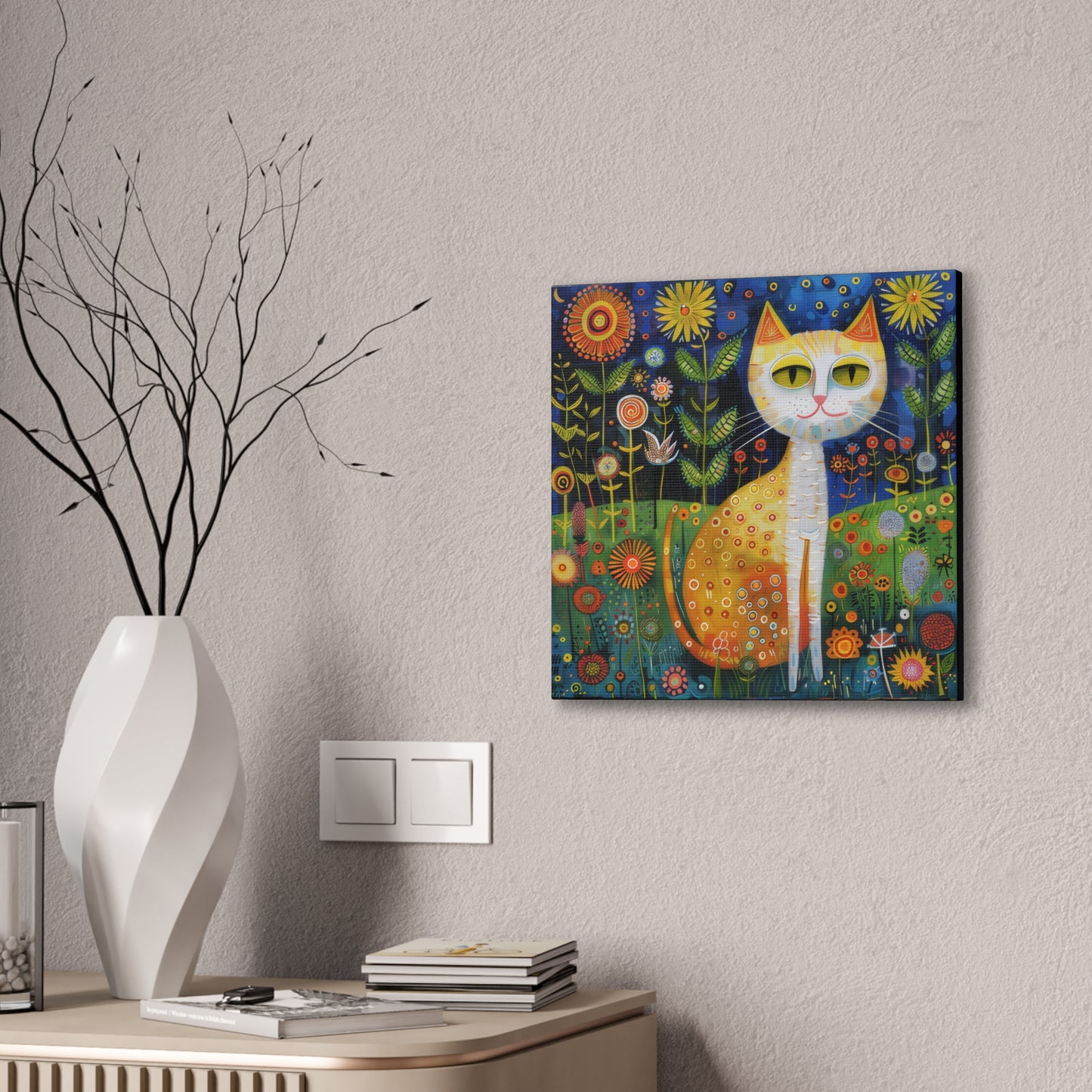 Folk Art Kitty - Canvas Stretched, 0.75" - Canvas Stretched, 0.75"