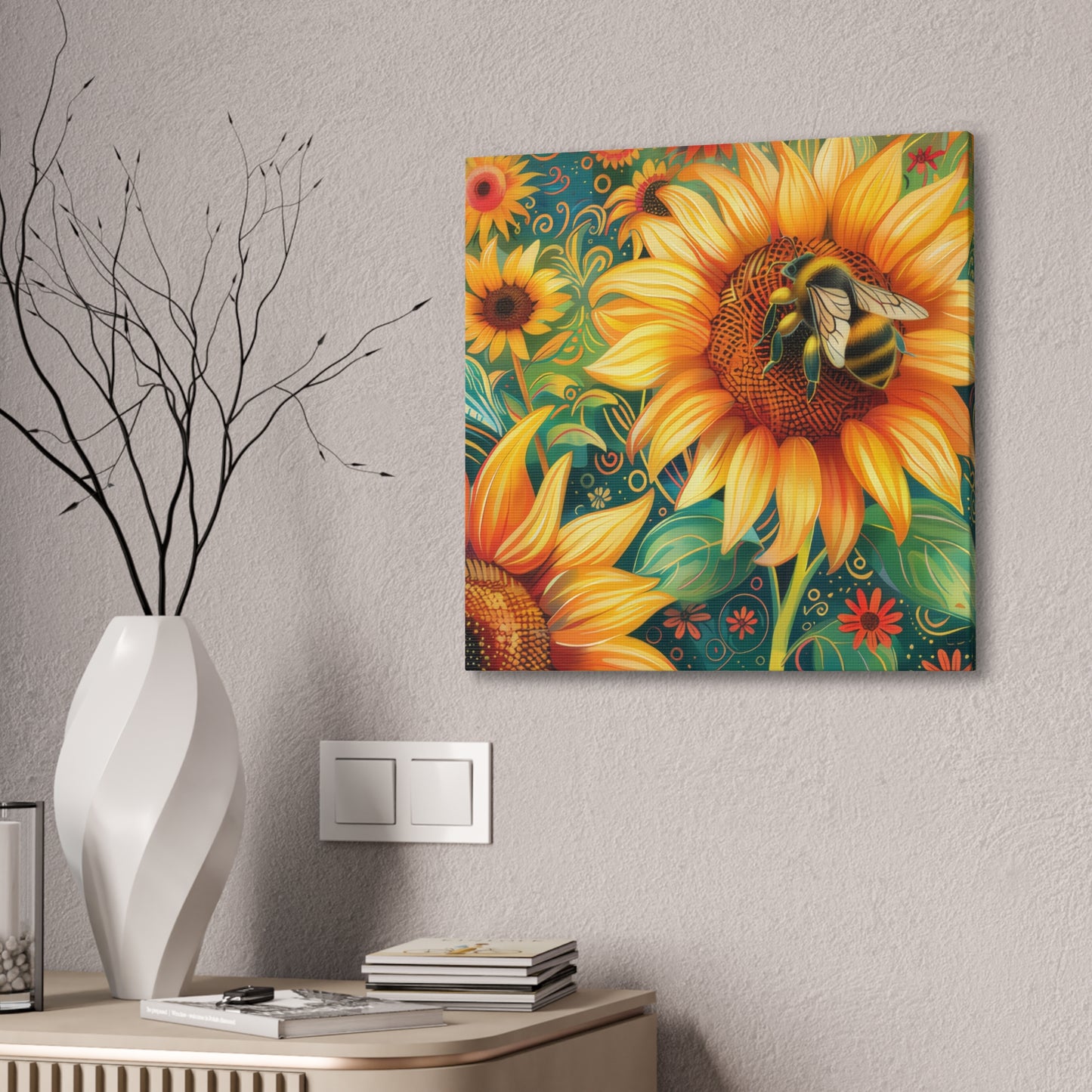 Sunflower and Bee - Canvas Stretched, 0.75"