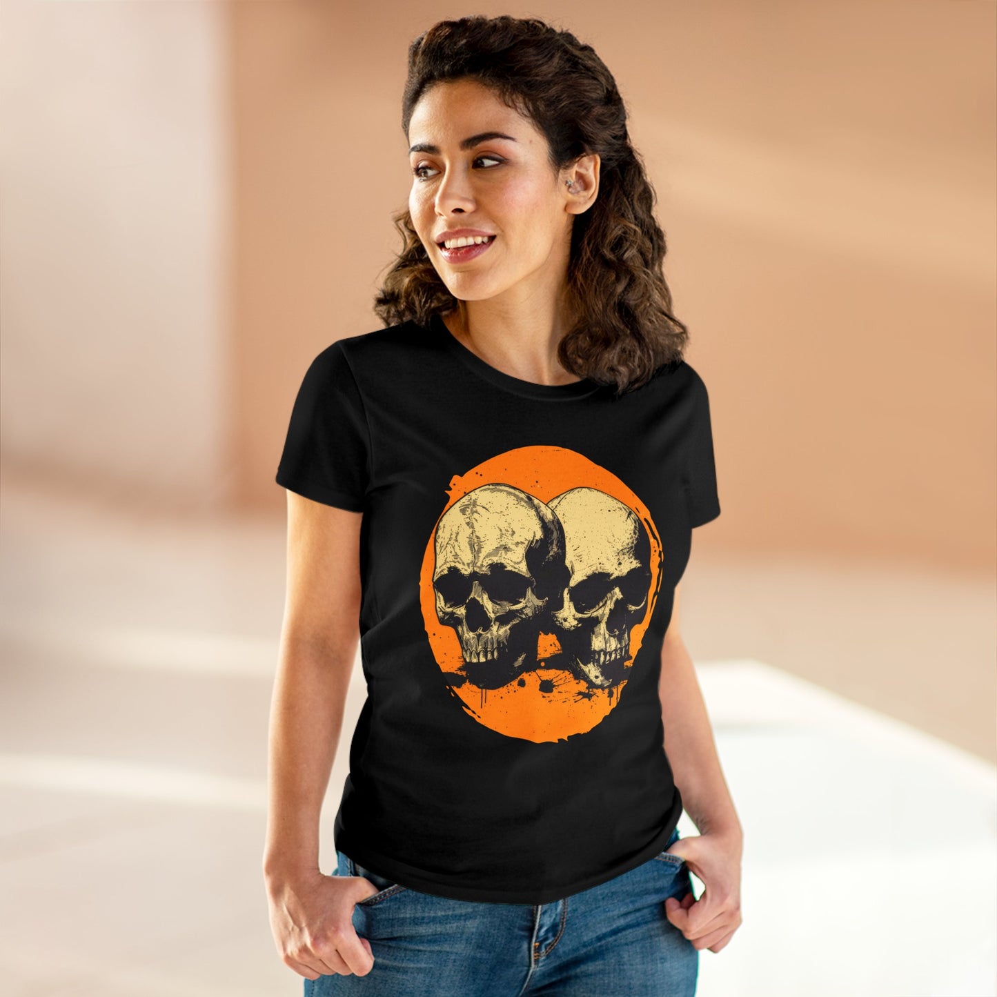 Skulls on Orange - Women's Midweight Cotton Tee