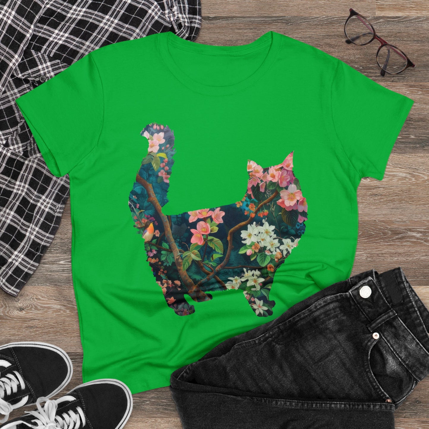 Flowery Cat - Women's Midweight Cotton Tee