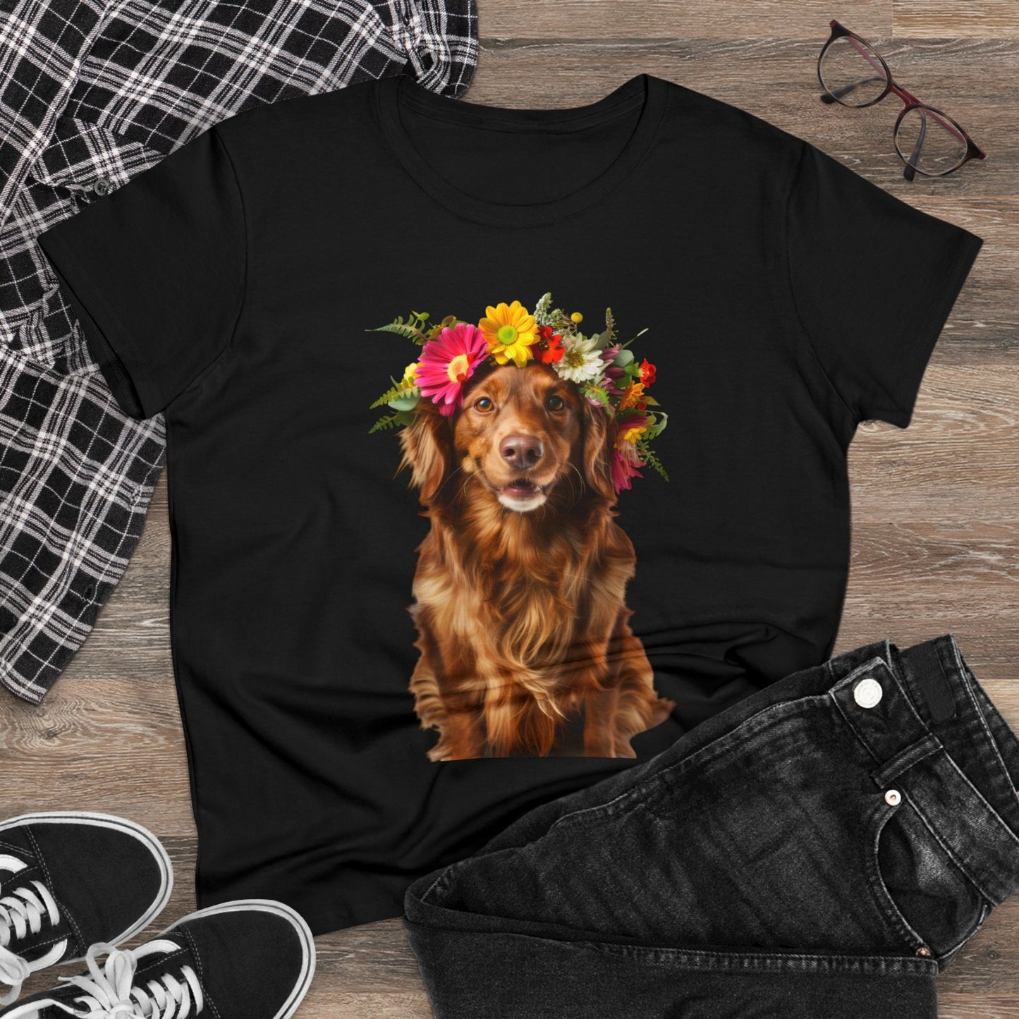 Dog's Flower Crown - Women's Midweight Cotton Tee