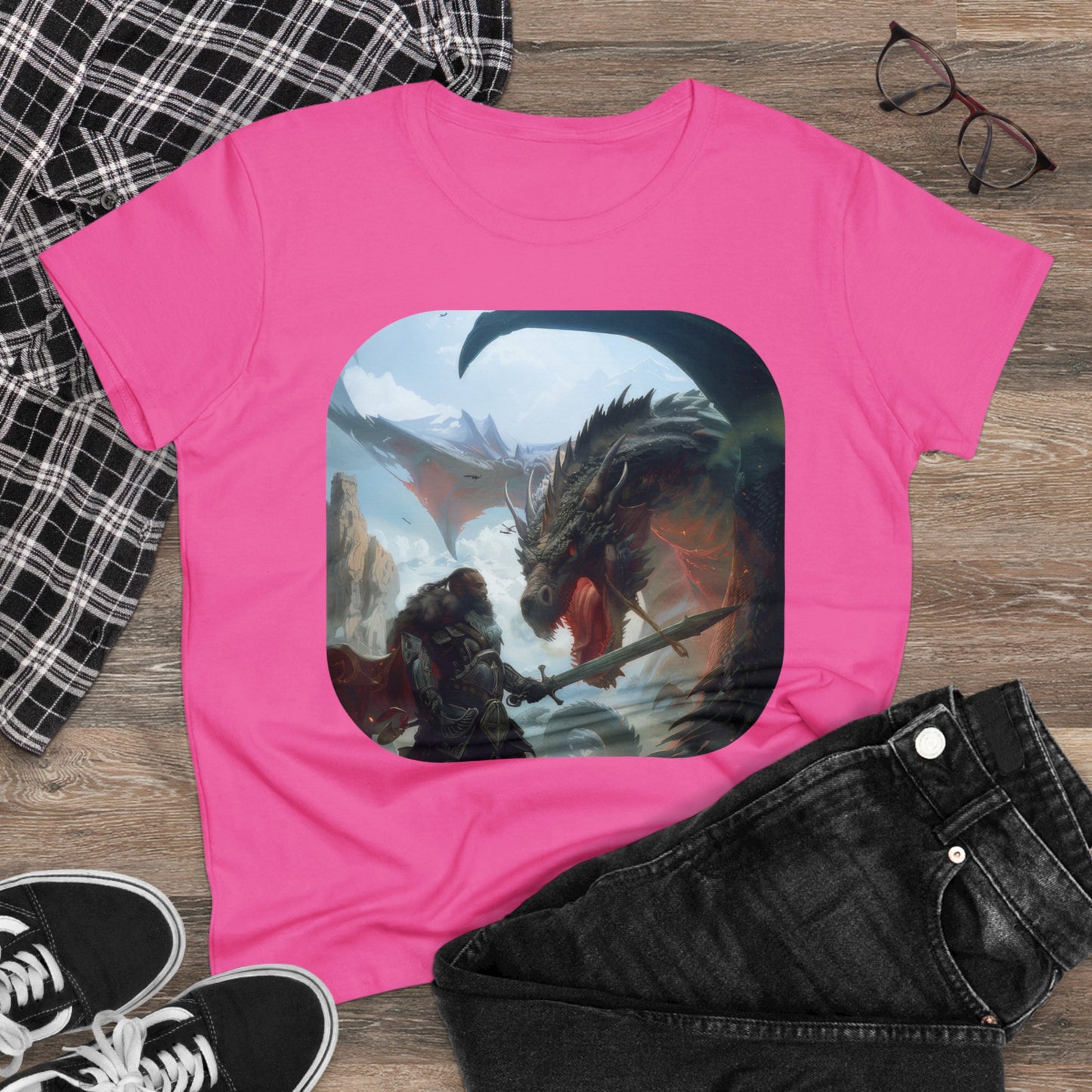 Fighter and Dragon - Fantasy - Women's Midweight Cotton Tee