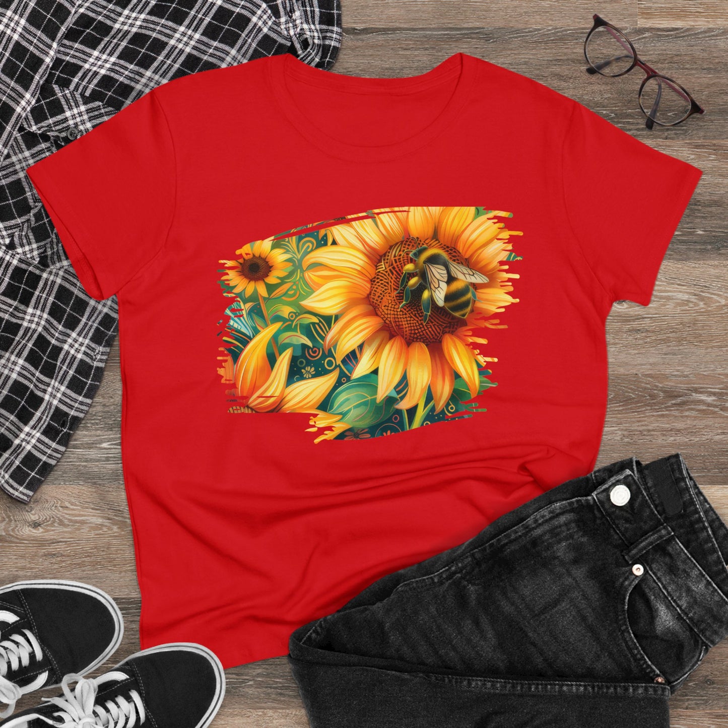 Sunflowers and Bee - Women's Midweight Cotton Tee