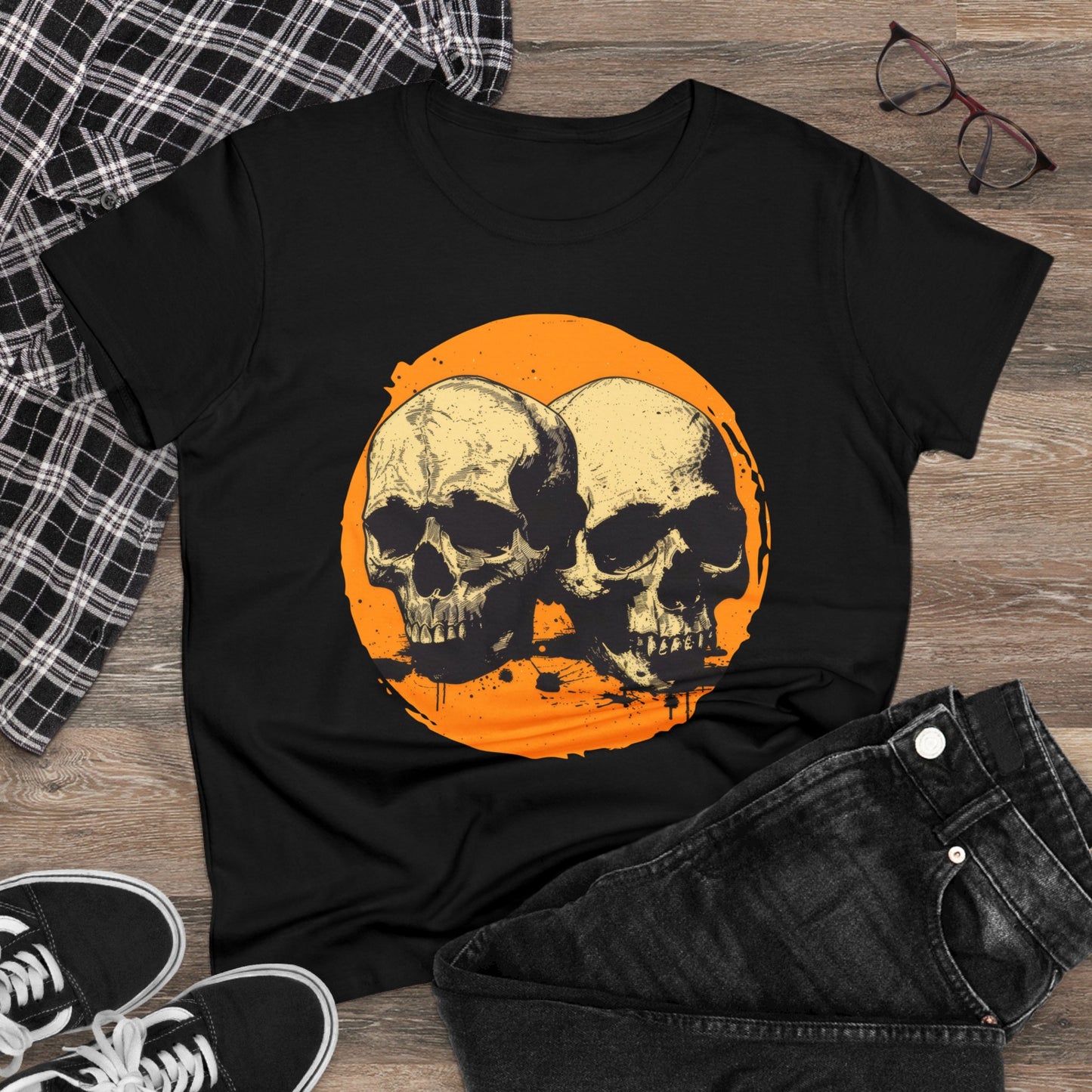 Skulls on Orange - Women's Midweight Cotton Tee