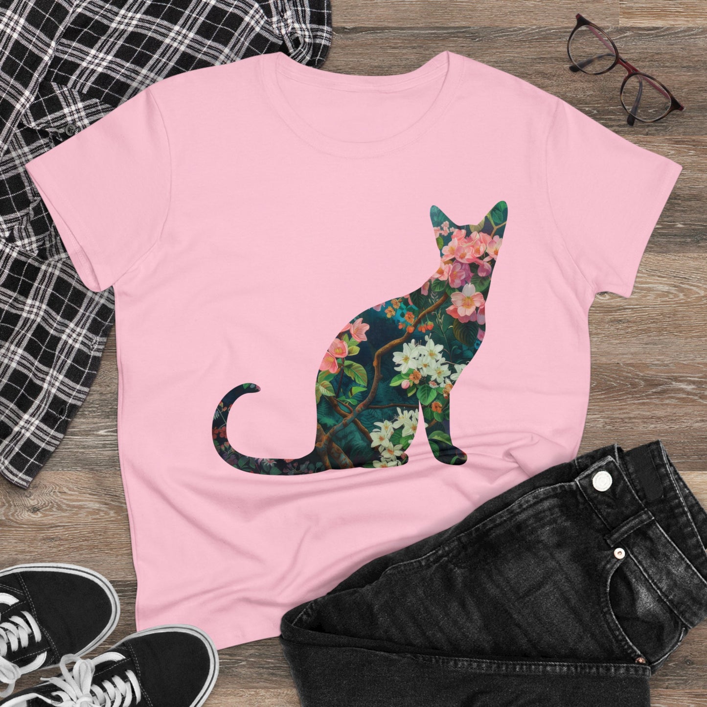 Flowery Cat - Women's Midweight Cotton Tee