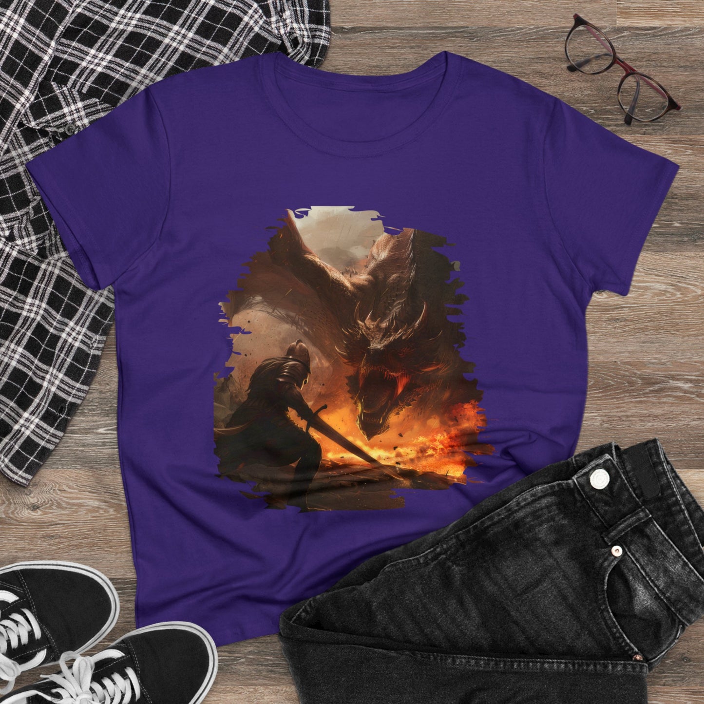 Fighter and Dragon - Fantasy - Women's Midweight Cotton Tee