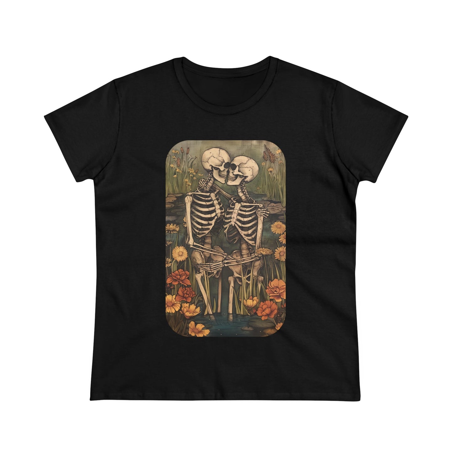 Skeleton Embrace - Flowers - Women's Midweight Cotton Tee