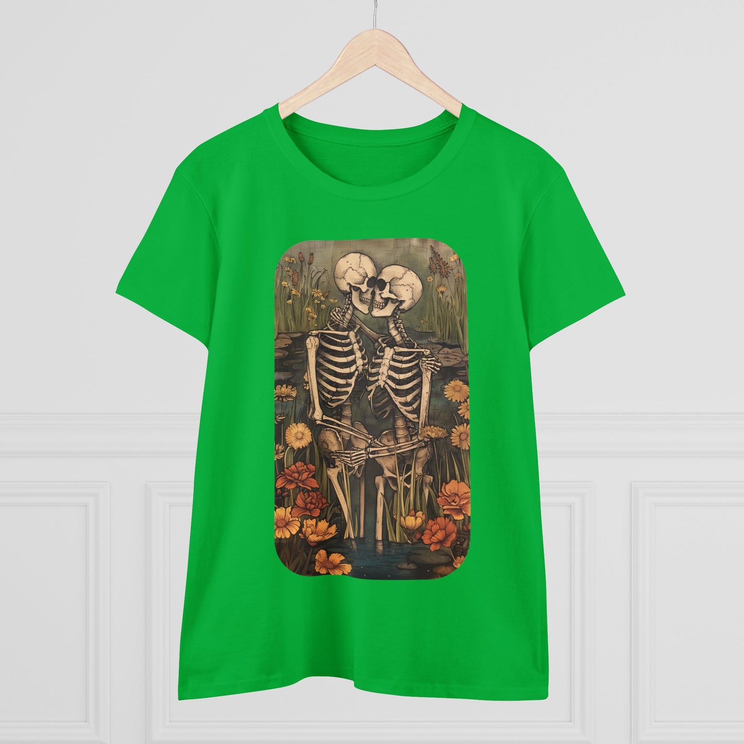 Skeleton Embrace - Flowers - Women's Midweight Cotton Tee