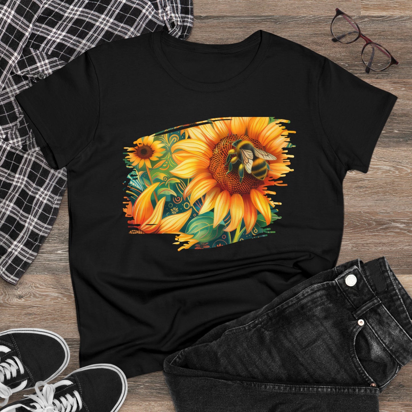 Sunflowers and Bee - Women's Midweight Cotton Tee