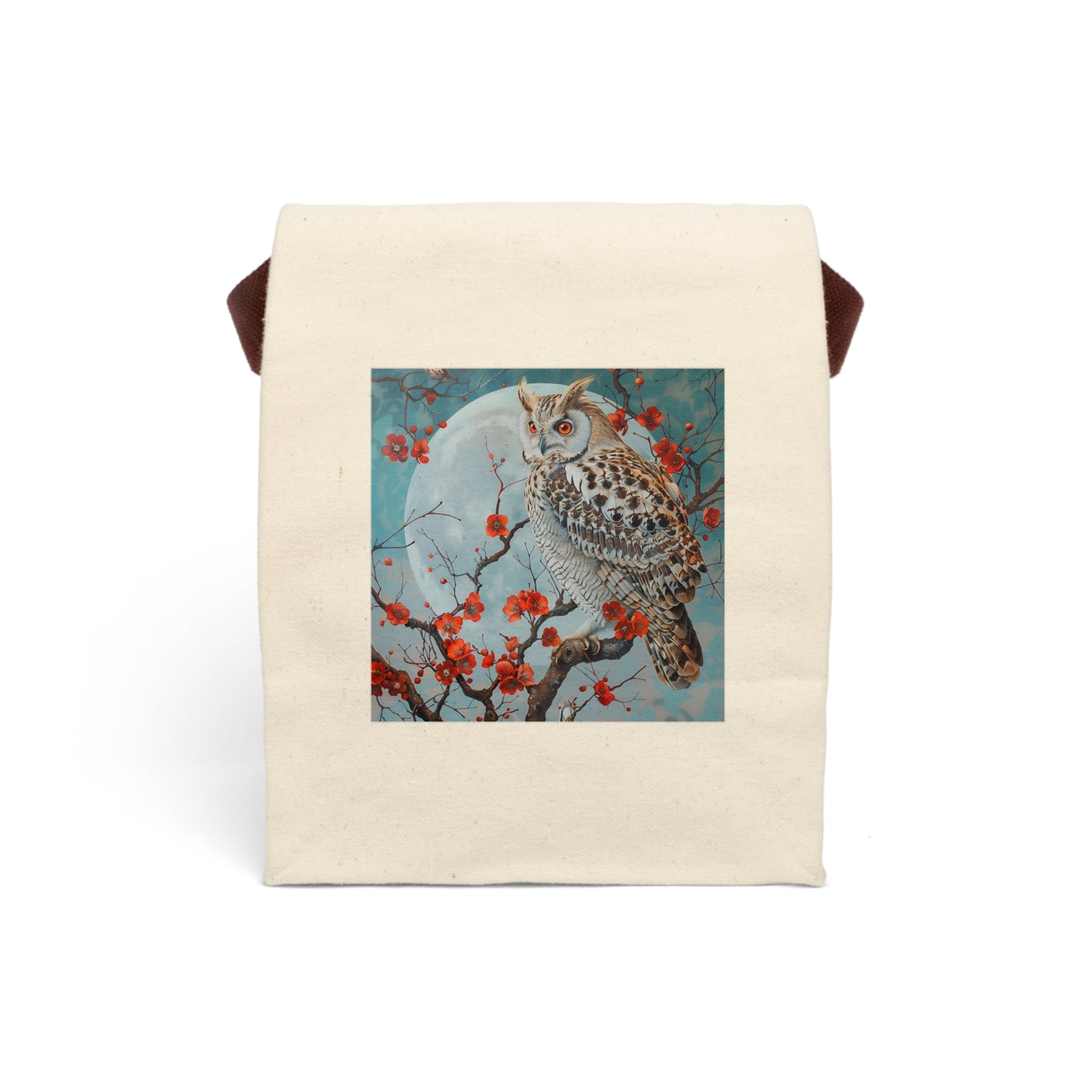 Owl in Japanese Cherry Tree - Canvas Lunch Bag With Strap