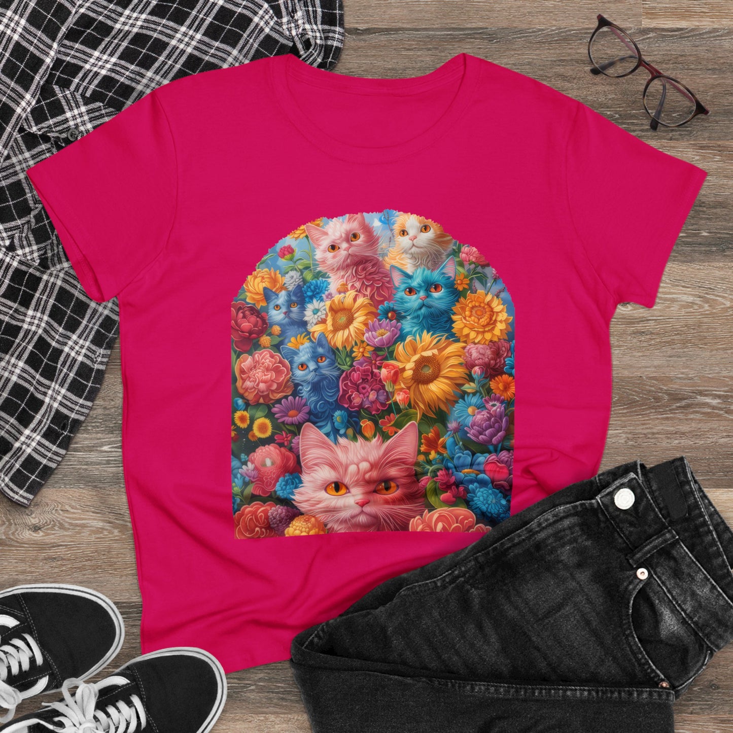 Cats and Flowers - Women's Midweight Cotton Tee