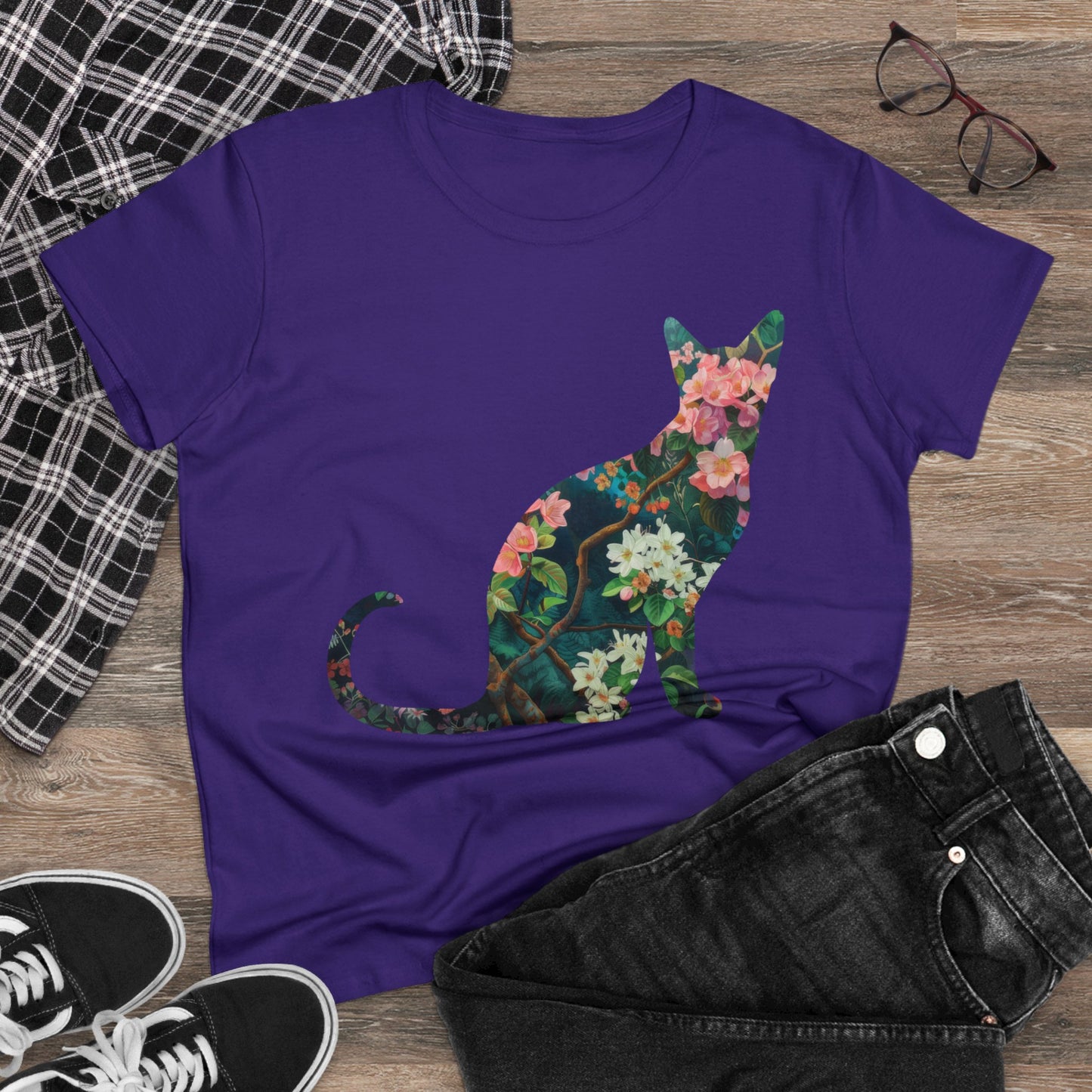 Flowery Cat - Women's Midweight Cotton Tee