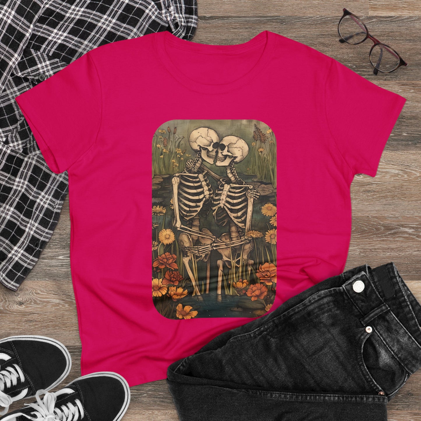 Skeleton Embrace - Flowers - Women's Midweight Cotton Tee