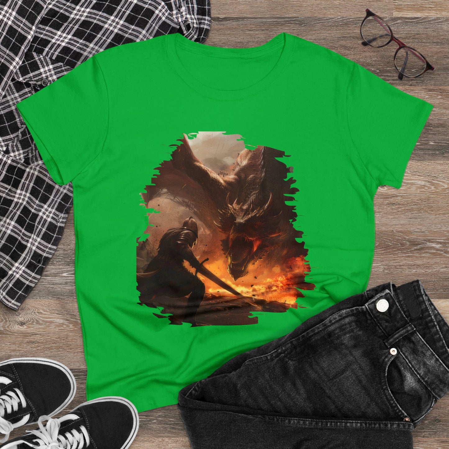 Fighter and Dragon - Fantasy - Women's Midweight Cotton Tee