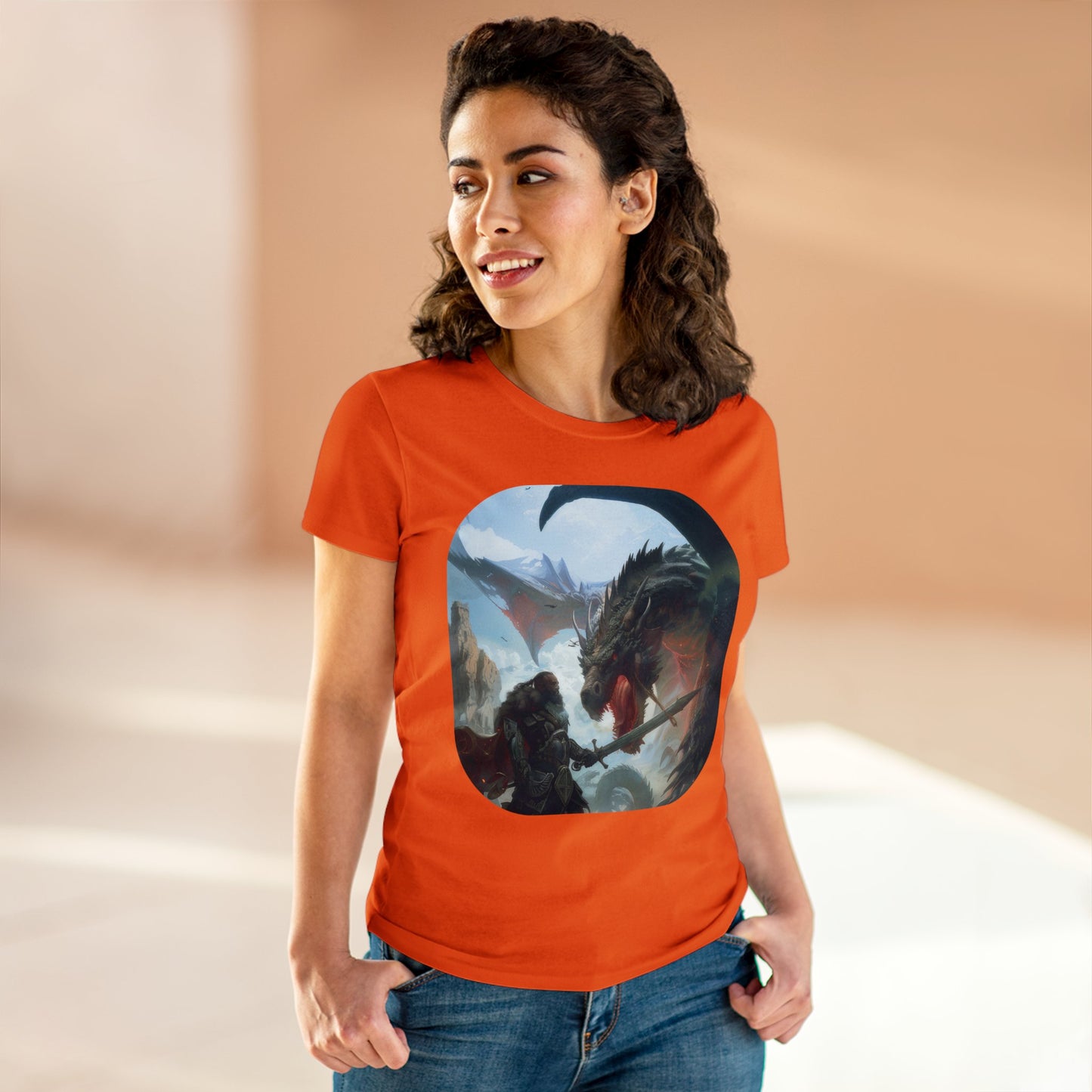 Fighter and Dragon - Fantasy - Women's Midweight Cotton Tee