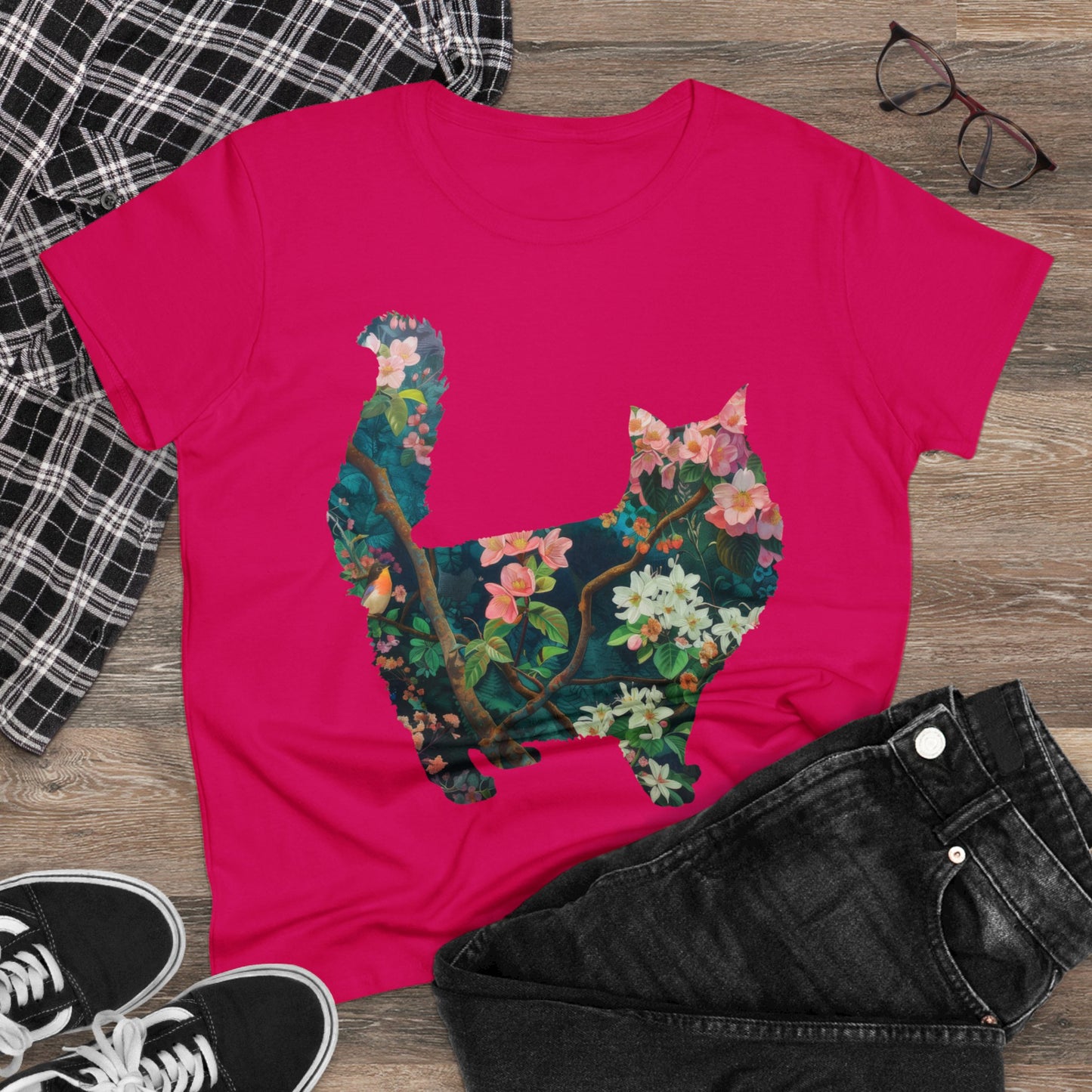 Flowery Cat - Women's Midweight Cotton Tee