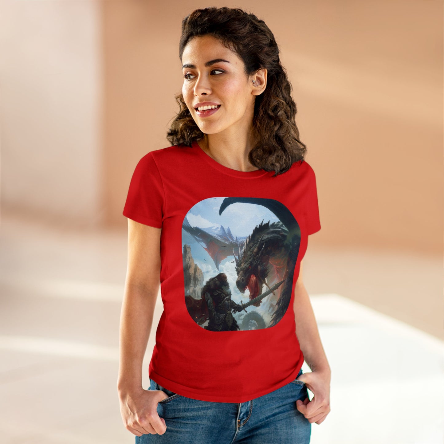 Fighter and Dragon - Fantasy - Women's Midweight Cotton Tee